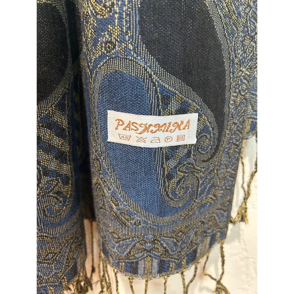 Pashmina Paisley Shawl Scarf Blue Gold Black Fringe Tassel Wrap Bohemian - Picture 4 of 4